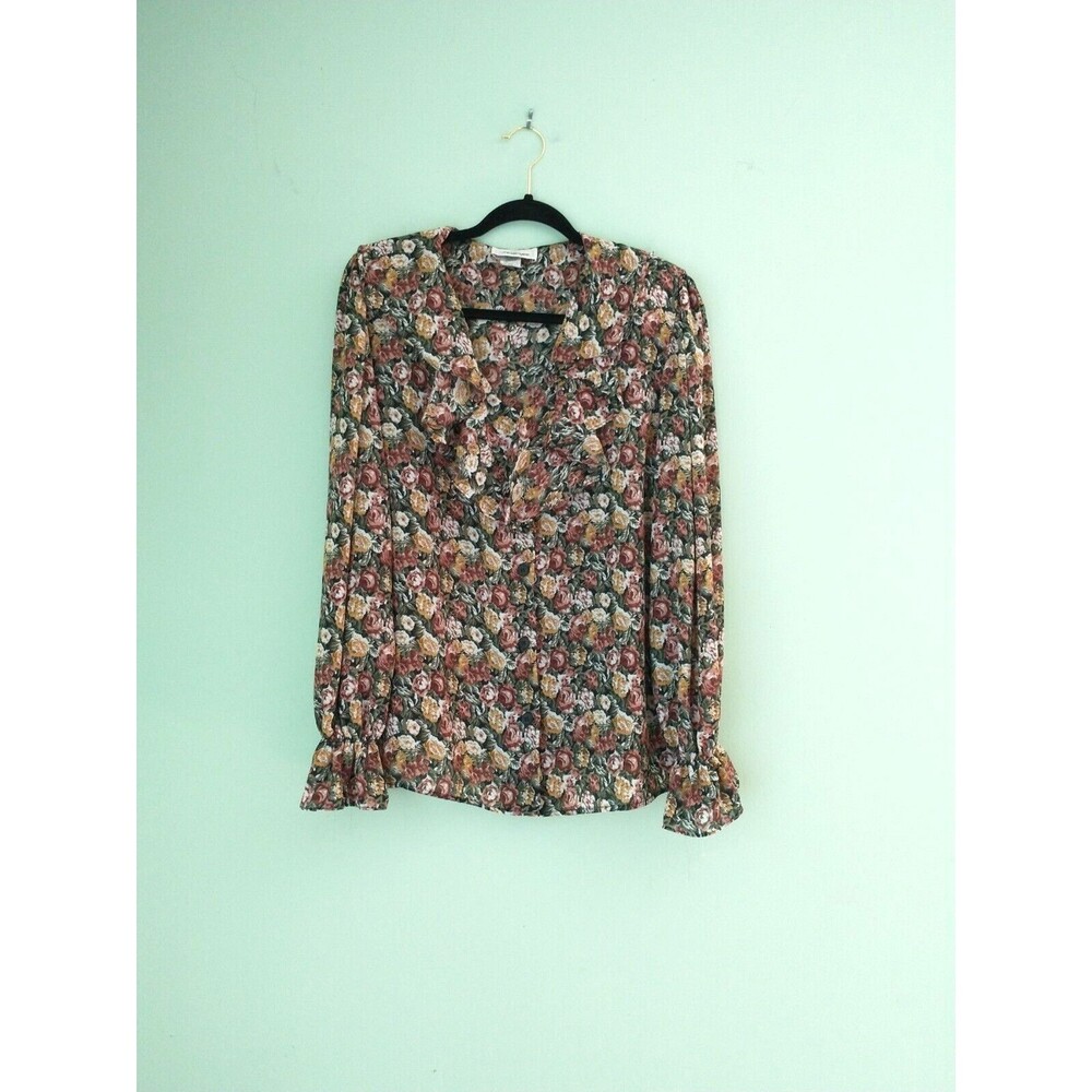 VTG Worthington Womens Floral Ruffle Shirt L Pink Prairie Cottage 90s Fairy Boho